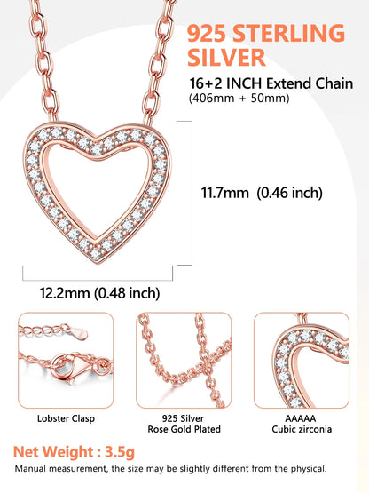 Open Heart Necklace for Women Dainty Cubic Zirconia Love Pendant Necklace Sterling Silver Jewelry Gifts for Her, Rose Gold