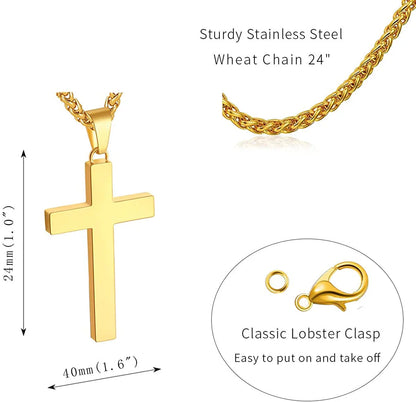 Cross Necklace for Men Stainless Steel Cross Pendant Chain , First Communion Confirmation Jewelry, Religious Gift (Gold)